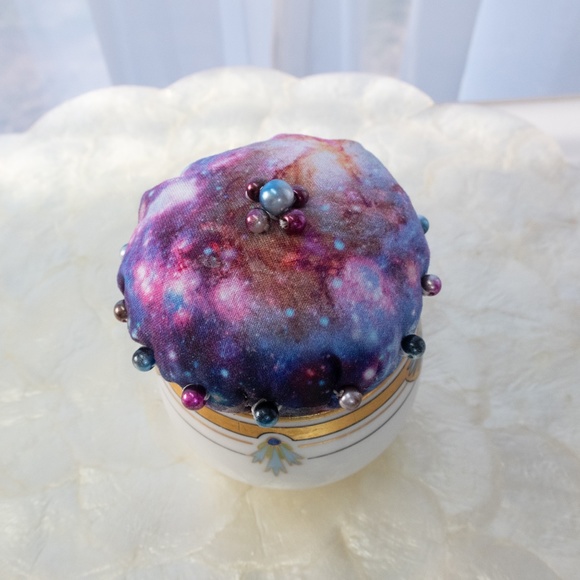 Galaxy Teacup Pincushion Hand Sewn With Craft Pearls Upcycled Austrian Cup NWOT - Picture 11 of 15